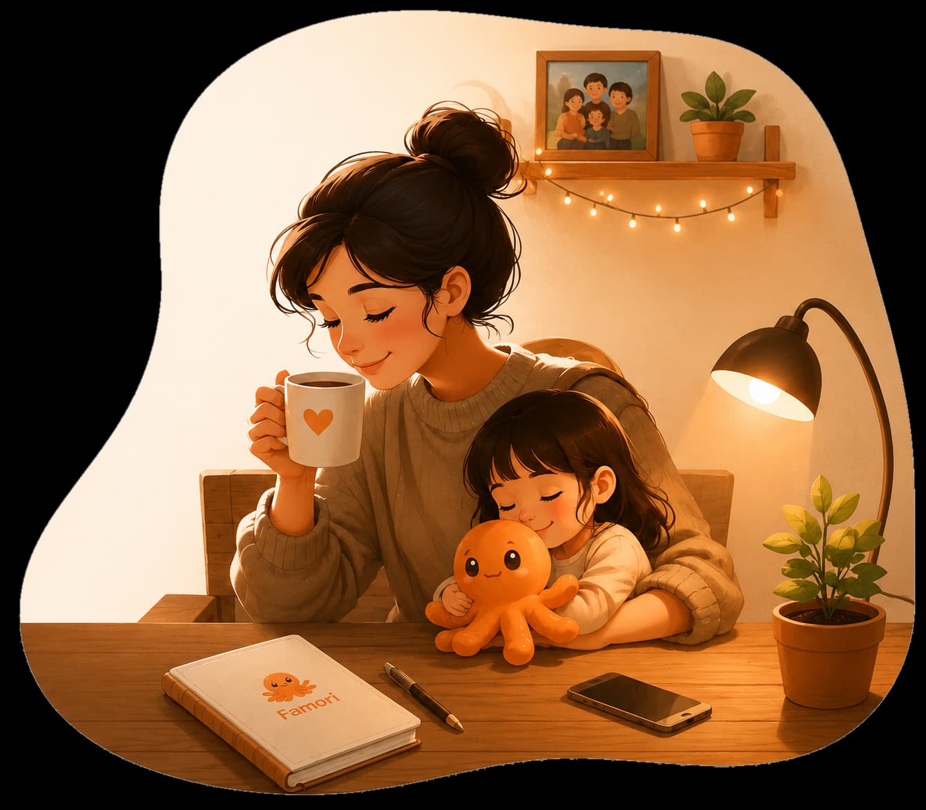 A mum at the kitchen table with her daughter, a Famori notebook beside them
